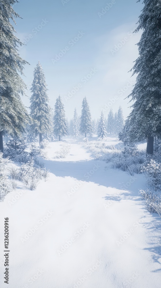 Fototapeta premium Snowy path through a forest, winter landscape scene for travel or nature project.