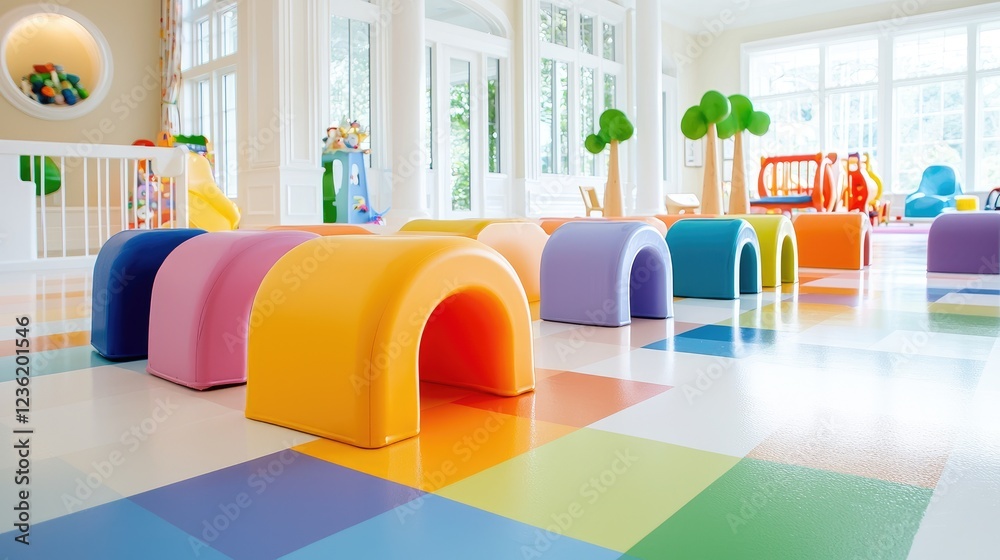 Colorful play tunnels in bright daycare