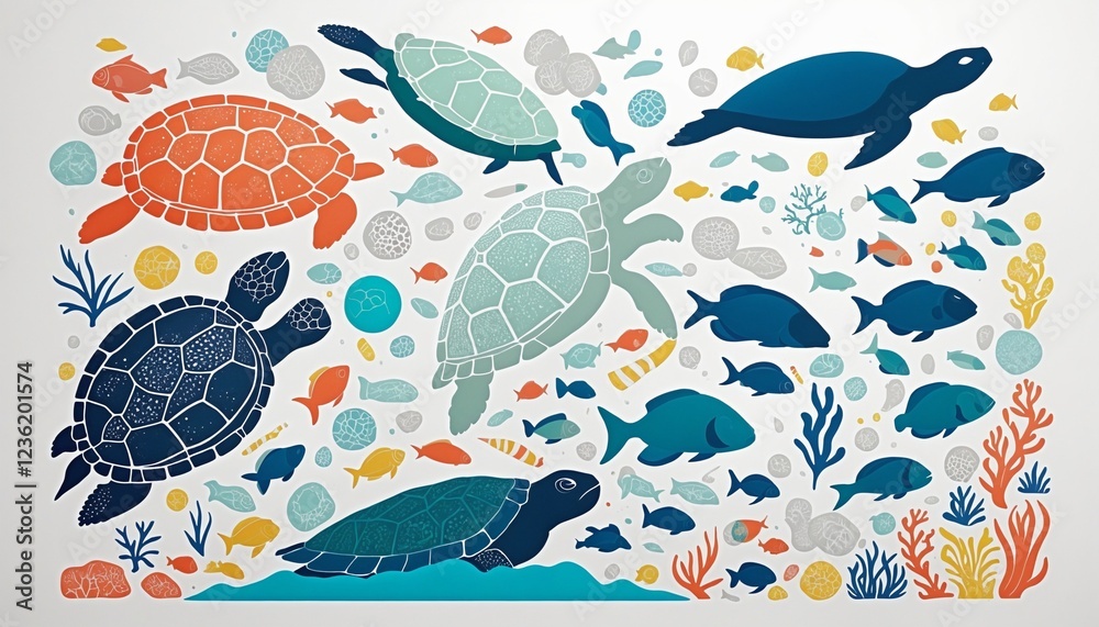 Turtle Silhouette Against Ocean Plastic Pollution: A Paper Cut Art Illustration of Marine Life and Rubbish Turtle Silhouette Against Ocean Plastic Pollution: A Paper Cut Art Illustration of Marine Life and Rubbish