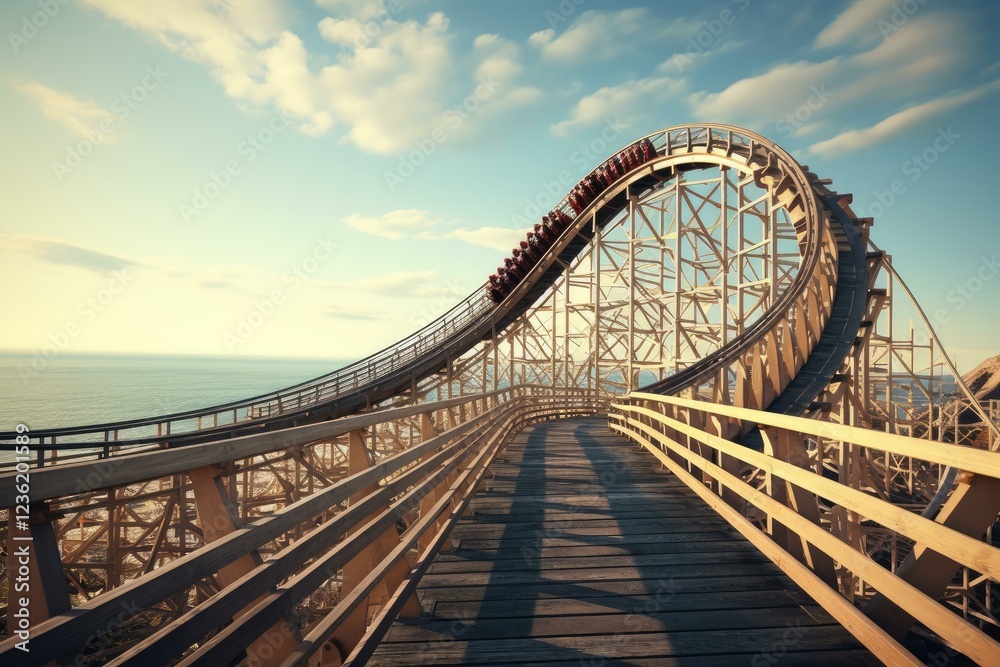 People riding a wooden rollercoaster by the sea at sunset People riding a wooden rollercoaster by the sea at sunset