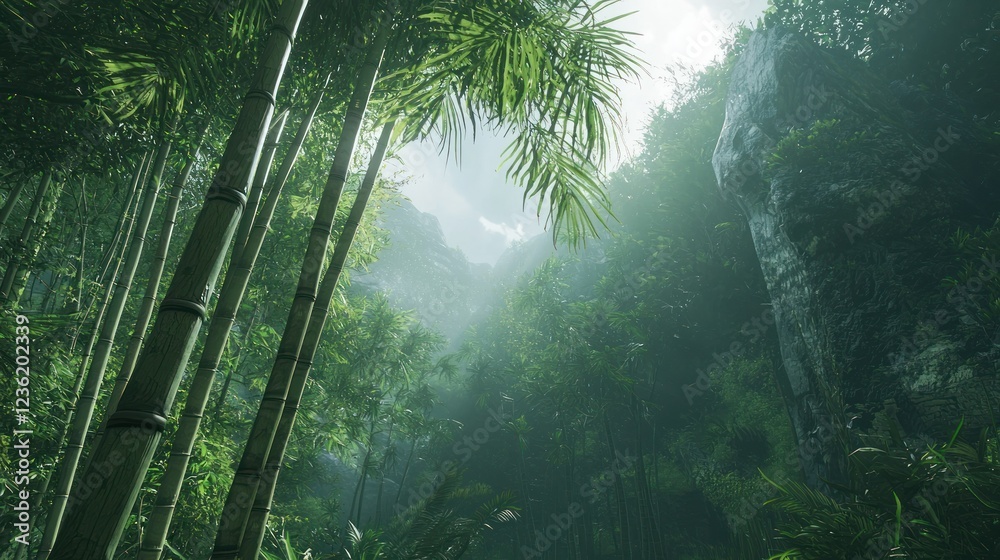 Obraz premium A towering bamboo tree reaching toward the sky in a dense forest.