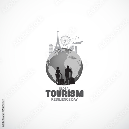Global Tourism Resilience Day creative design tourism idea concept vector illustration, Global Travel Adventure, Around the World Trip, World Landmarks Travel Panorama