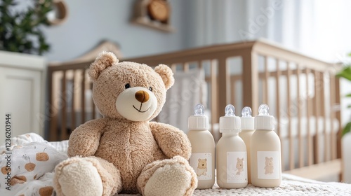 Teddy bear and a jar of milk. Selective focus photo