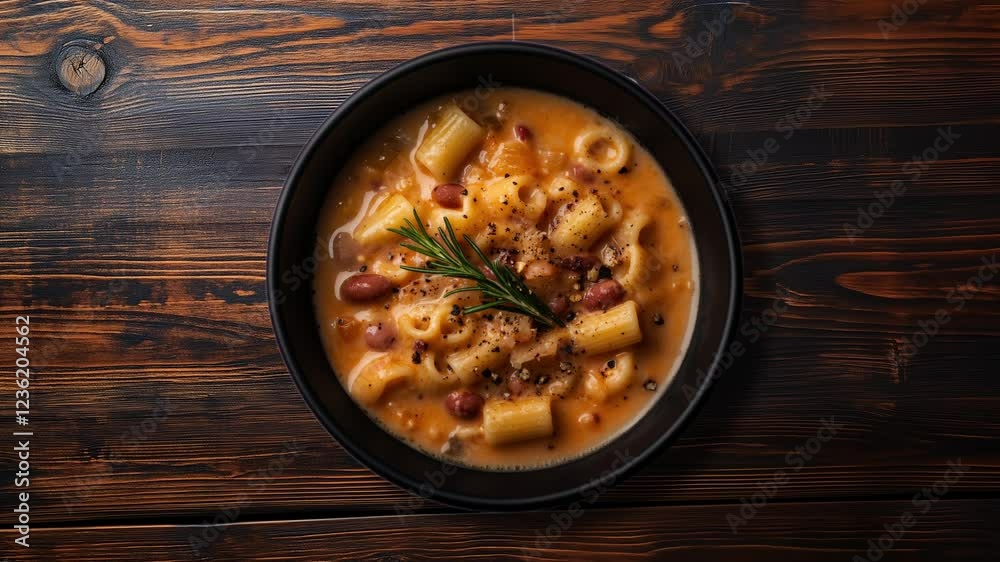 Pasta and bean soup with rosemary on wooden table Pasta and bean soup with rosemary on wooden table