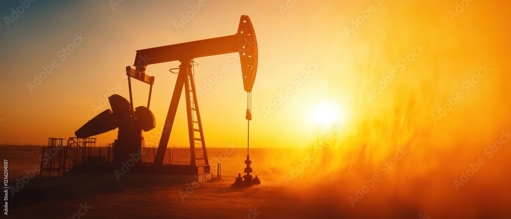 Naklejka premium Oil pump jack silhouette at sunset against a vibrant sky, symbolizing energy production, fossil fuels, and the oil industry during twilight.