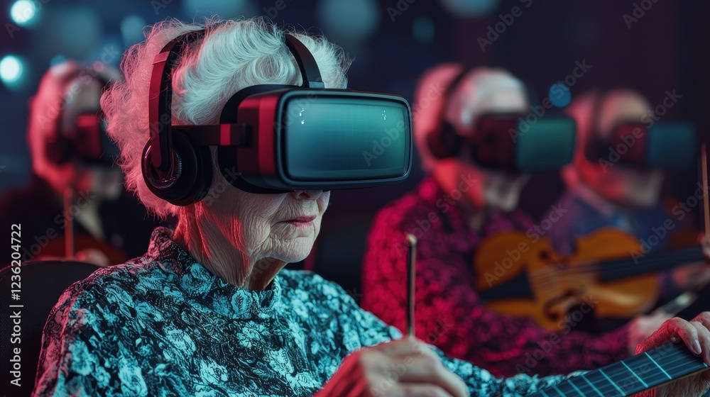 Naklejka premium Elderly Individuals Engaging in Virtual Reality Music Experience