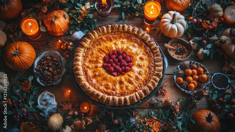 Festive autumn table setting with a pumpkin pie surrounded by seasonal decorations and candles Festive autumn table setting with a pumpkin pie surrounded by seasonal decorations and candles