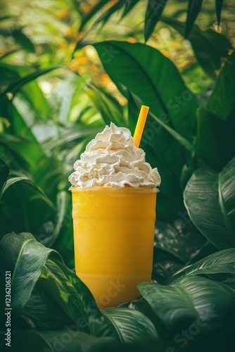 Mango milkshake on a background of tropical leaves. Selective focus