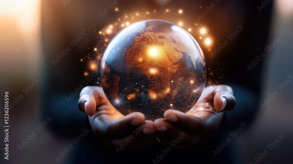 Fototapeta premium Person holding a glowing globe symbolizing global connectivity and sustainability, representing innovation, technology, and the future of the planet during twilight.