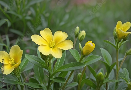 Close-up of Yellow Evening Primrose Blooms Against a Soft Green Background
