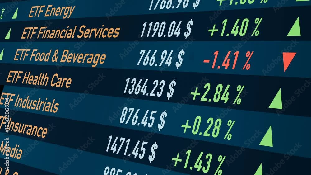 ETF - Exchange Traded Funds, investment vehicle. Trading screen with ETF for different themes. Stock market and exchange, growth, financial advisor. 3D animation