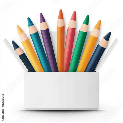 Colorful pencils arranged in container, showcasing vibrant hues and playful design. Perfect for art projects and creative activities