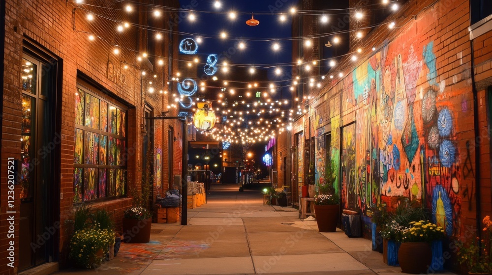 Naklejka premium Vibrant Urban Alley at Night with Colorful Murals and String Lights