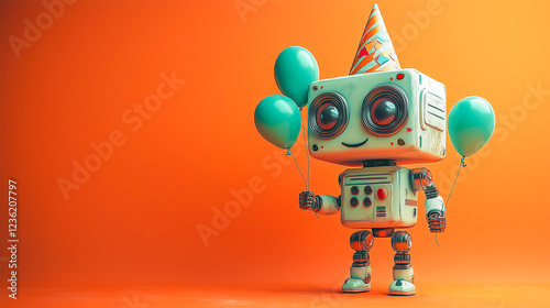 Robot wearing a colorful party hat with baloons isolated on orange background. Birthday, gender party background.