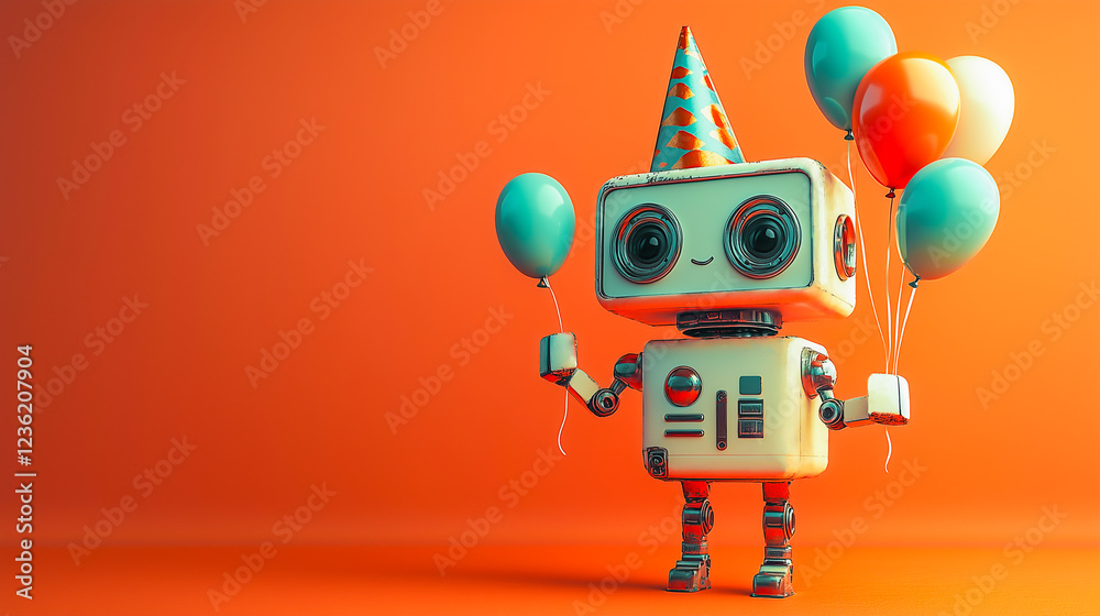 Robot wearing a colorful party hat with baloons isolated on orange background. Birthday, gender party background.