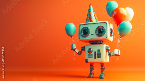 Obraz na płótnie Robot wearing a colorful party hat with baloons isolated on orange background. Birthday, gender party background. w salonie