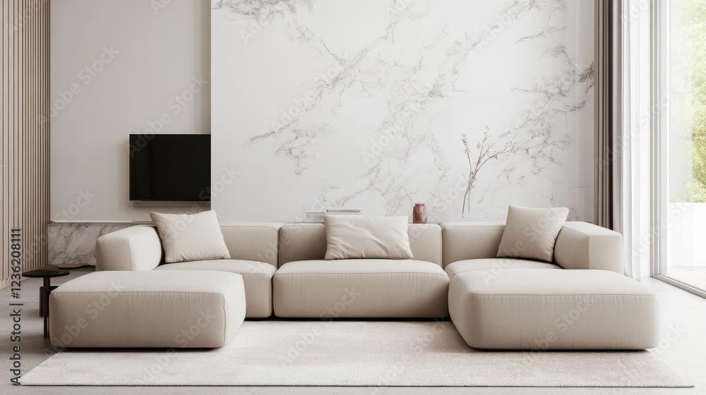 Fototapeta premium A Minimalist Living Room With A Beige Sectional Sofa, Marble Wall, And Large Window. The Overall Vibe Is Serene And Calming.