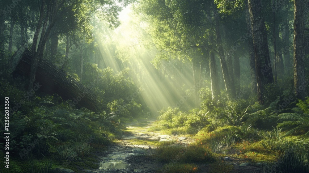 Obraz premium Sunbeams Illuminate a Serene Forest Path