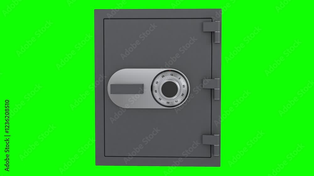 Steel Safe Dial Combination Lock Unlocking Animation with Smooth Panorama on Green Chroma Key Background, Detailed Lock Rotation and Final Unlocking Steel Safe Dial Combination Lock Unlocking Animation with Smooth Panorama on Green Chroma Key Background, Detailed Lock Rotation and Final Unlocking