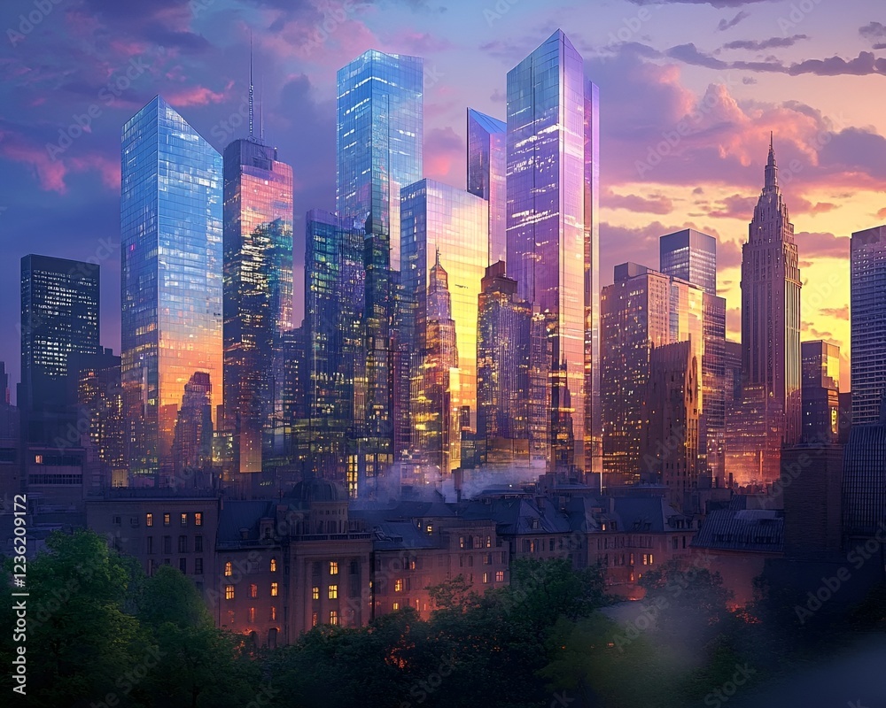 Obraz premium A city skyline glowing at dusk with a mix of glass towers and historic landmarks