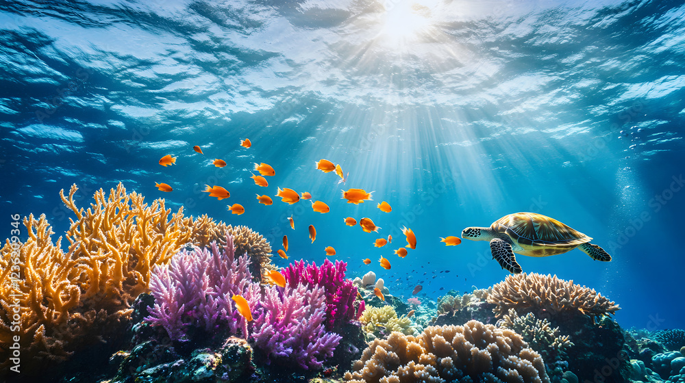 Obraz premium Underwater Tropical Corals Reef with colorful sea fish. Marine life sea world. Tropical colourful underwater seascape. 
