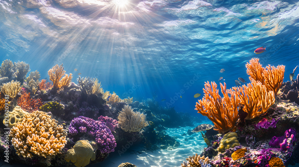 Naklejka premium Underwater Tropical Corals Reef with colorful sea fish. Marine life sea world. Tropical colourful underwater seascape. 