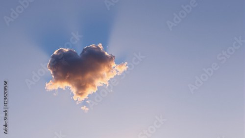 Heart-Shaped Cloud with Radiating Sunbeams Against a Clear Blue Sky – Romantic and Dreamy Nature Scene
