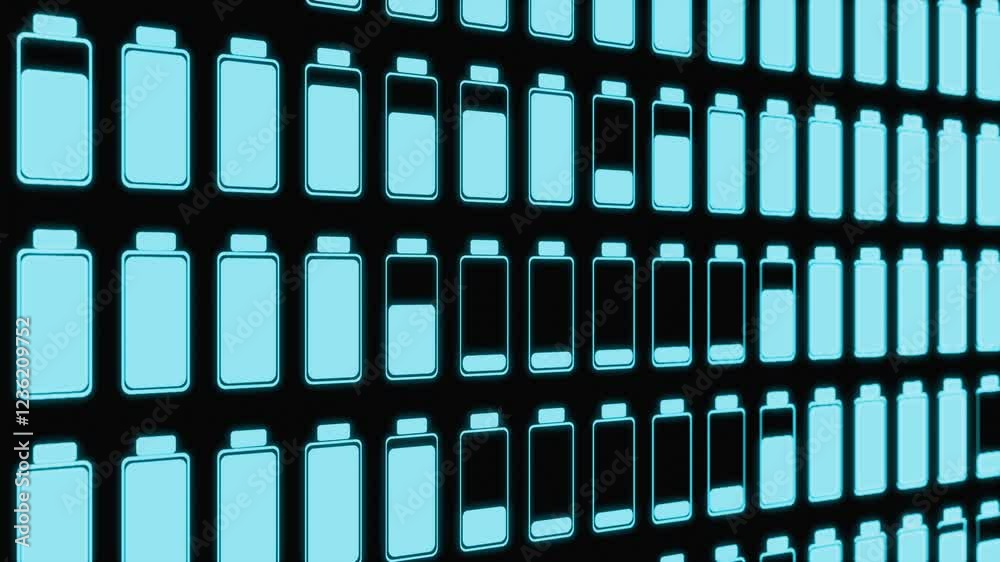 Close-up of battery cells, fully charged, half charged or empty. Charging status, battery level, energy consumption, electricity, energy efficiency, technology and battery symbol on the screen. 3D ani