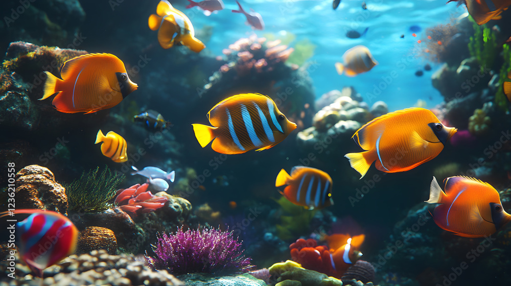Fototapeta premium Underwater Tropical Corals Reef with colorful sea fish. Marine life sea world. Tropical colourful underwater seascape. 