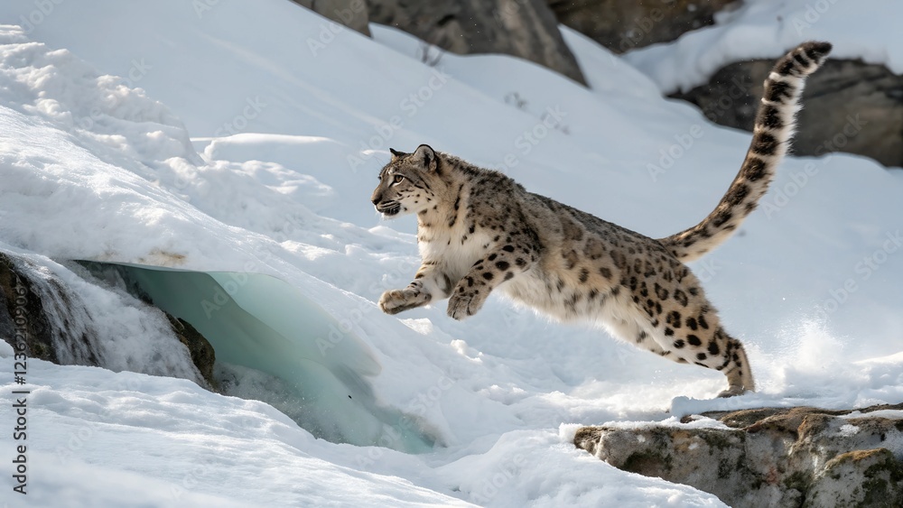 Obraz premium A wild snow lynx cub, a cute feline predator in its winter habitat