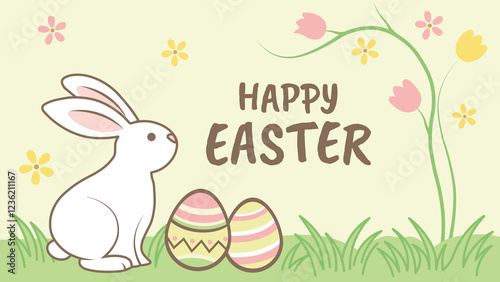 Easter Greeting Card in Minimalistic Style with Easter Bunny, Decorated Eggs and Spring Flowers | High Resolution, Vector Illustration