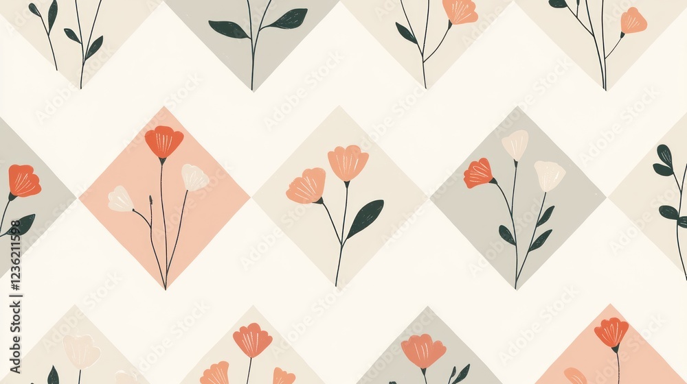 Obraz premium Seamless minimalist pattern featuring hand-drawn flowers within geometric diamond shapes in soft pastel tones for a modern look