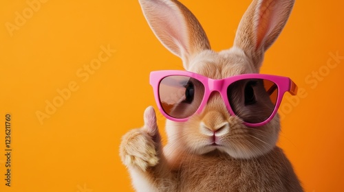 Rabbit wearing pink sunglasses, cheerful pose against an orange background, fun and playful concept for pet lovers, childrens parties, or advertising campaigns. photo