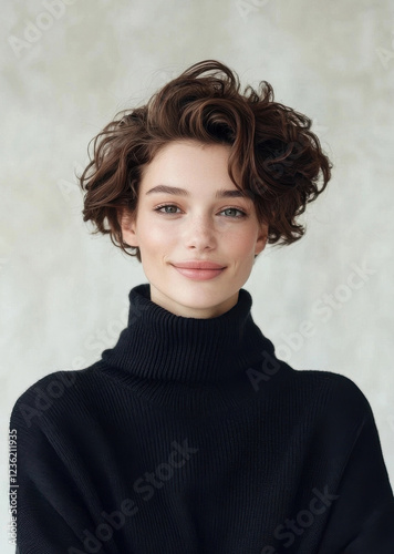 Portrait of Pretty woman with short curly har wearing no make up black sweater - close up high resolution fashion photography