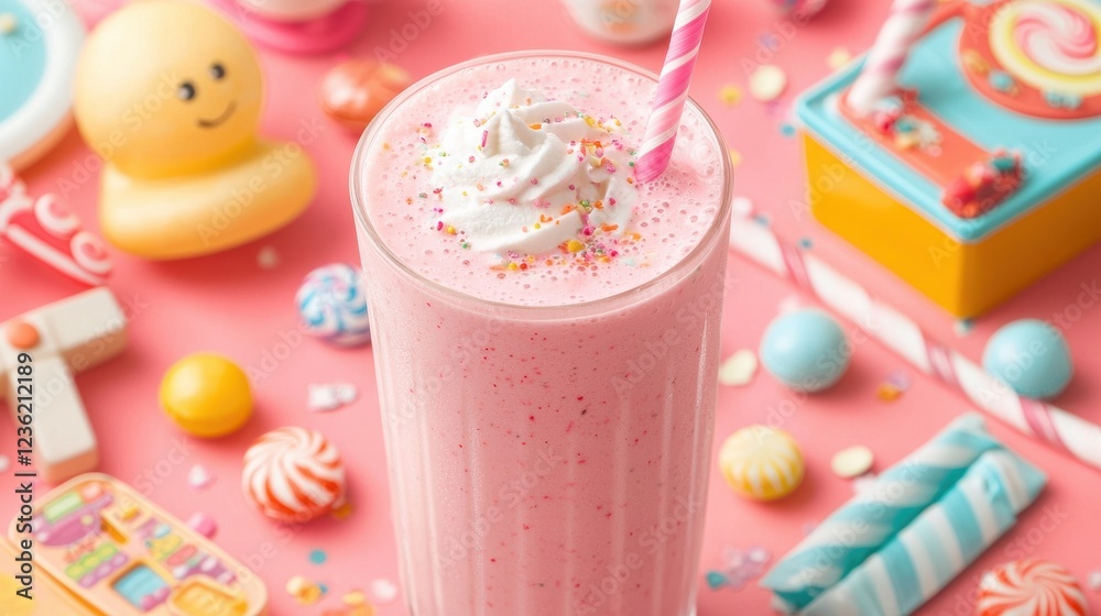 Colorful Sweet Treats with Pink Milkshake and Candy Background Colorful Sweet Treats with Pink Milkshake and Candy Background
