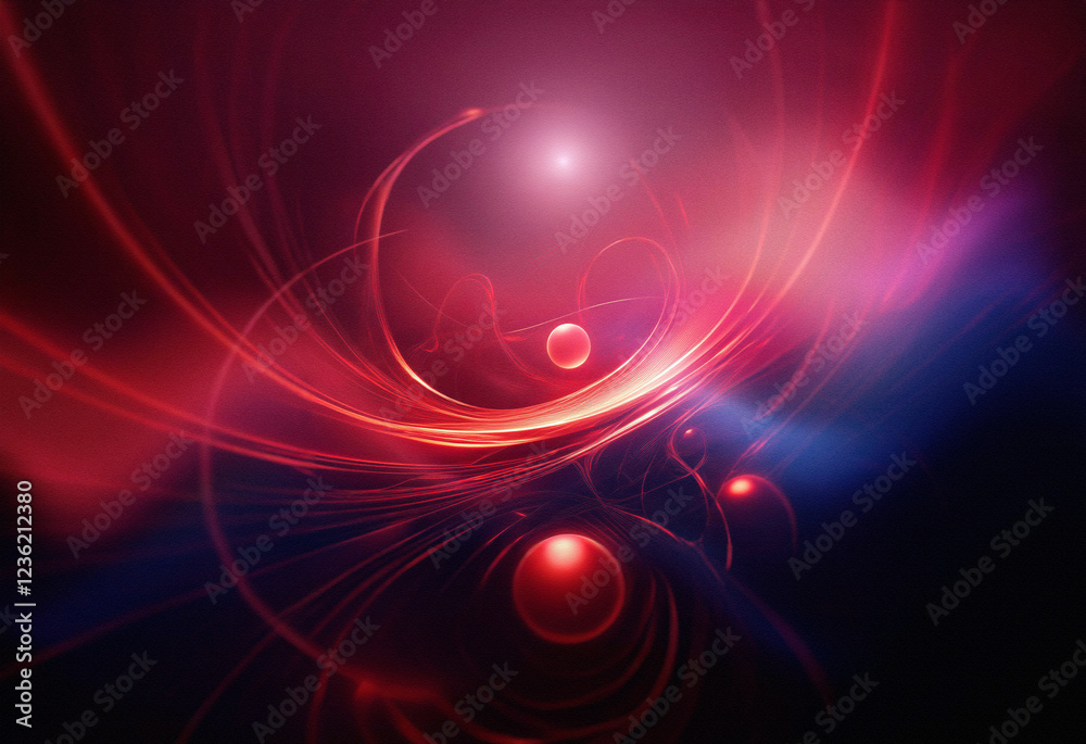Fototapeta premium Abstract sci-fi double exposure background. Glowing red and blue energy swirls around spheres, creating a dynamic, otherworldly scene.