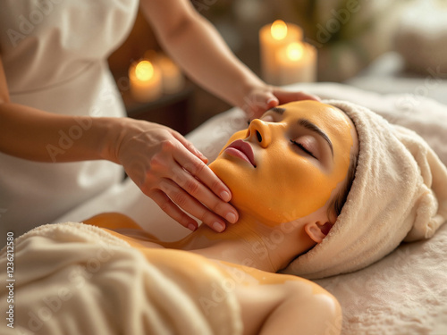 Revitalizing facial treatment with a young woman receiving a golden mask application in a relaxing spa atmosphere