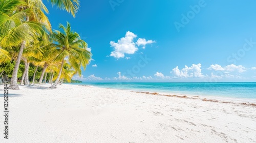 Tropical beach paradise palm trees, white sand, turquoise ocean; summer vacation photo