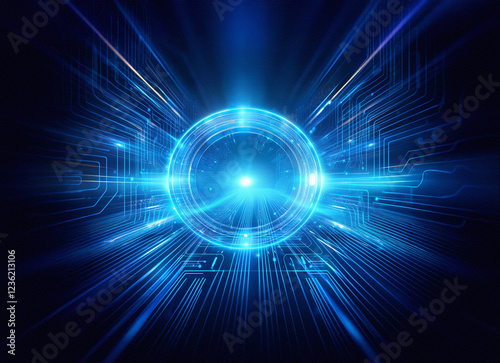 Wallpaper Mural Abstract sci-fi background featuring a double exposure of a glowing circular portal within a futuristic circuit board design.  Bright blue hues dominate the image. Torontodigital.ca