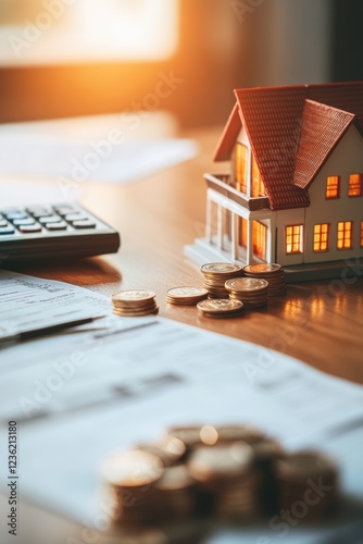 Real estate investment concept with miniature house, calculator, and coins on paperwork, symbolizing financial planning, mortgage analysis, and property value growth. photo