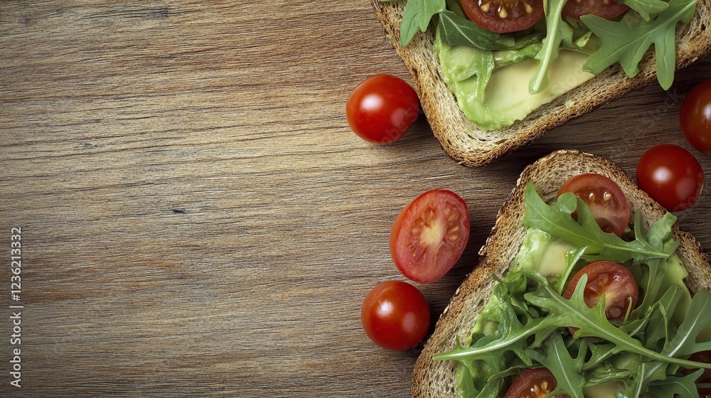 Avocado toast, cherry tomatoes, arugula, wood background, food photography Avocado toast, cherry tomatoes, arugula, wood background, food photography