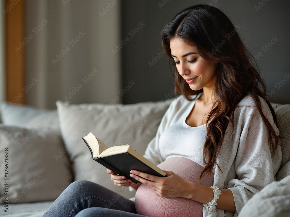 Happy pregnant woman reading a book while sitting comfortably on a couch in a cozy home setting Happy pregnant woman reading a book while sitting comfortably on a couch in a cozy home setting