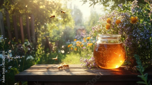 jar of honey on a garden background. Selective focus