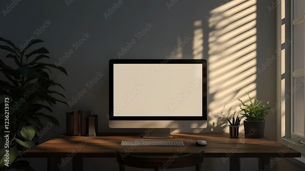 A serene workspace with a computer, plants, and soft shadows. A serene workspace with a computer, plants, and soft shadows.
