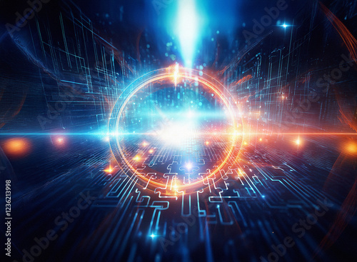 Wallpaper Mural Abstract sci-fi double exposure background. Glowing circuitry and a bright energy ring create a futuristic, otherworldly scene. Torontodigital.ca