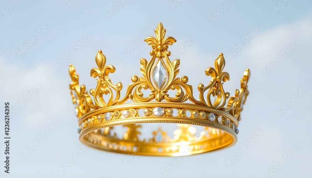 Fototapeta premium A regal and elegant golden crown hangs in mid-air against a pure and crystal-clear background