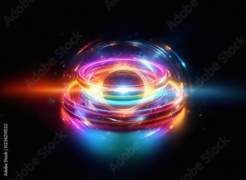 Abstract sci-fi double exposure image. Glowing orbs and rings create a vibrant, colorful energy sphere against a dark background.  Intricate light trails and effects.
