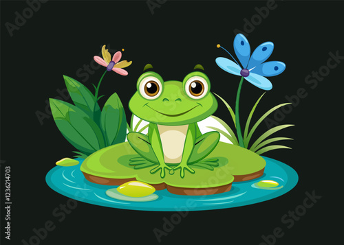 Cute green frog on lotus leaf. Vector cartoon illustration isolated on white background