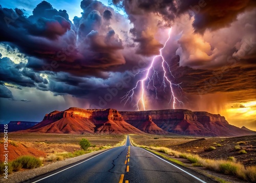 Dramatic Monsoon Storm over Vermilion Cliffs, Arizona Road - Stock Photo photo