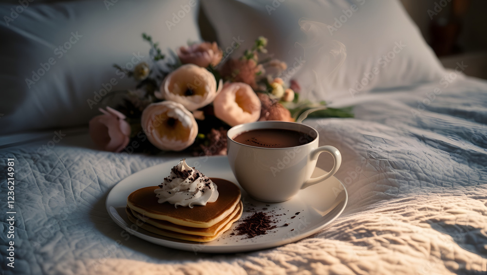 A cozy breakfast set up with a heart-shaped pancake and cup of coffee on bed, accompanied by soft lighting flowers. A cozy breakfast set up with a heart-shaped pancake and cup of coffee on bed, accompanied by soft lighting flowers.